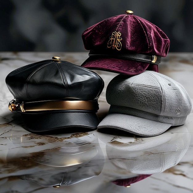 Photo three hats with the letter k on them are on a marble surface