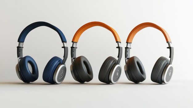 Photo three headphones in different colors on a white background