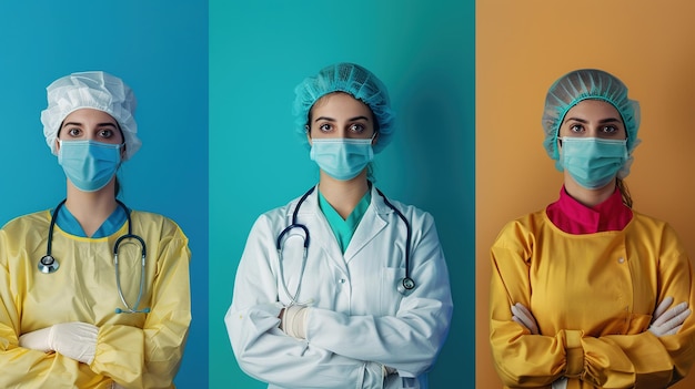 Three Healthcare Professionals in Scrubs and Masks