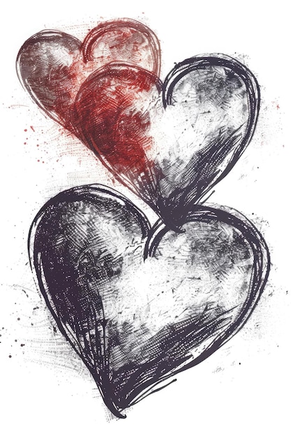 Photo three hearts are drawn in black and red with the middle one being the largest