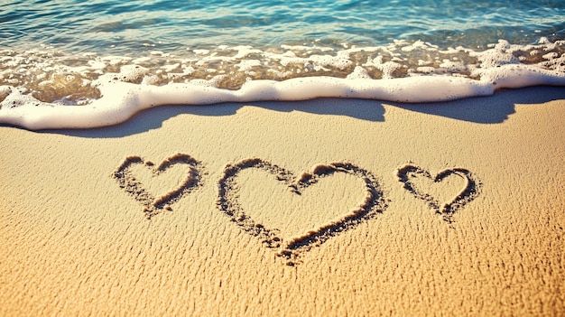 Three hearts drawn in sand on beach with waves