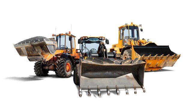 Three heavy wheeled front loaders or bulldozers on a white isolated background Construction equipment and transport Transportation and movement of bulk materials Excavation Element for design