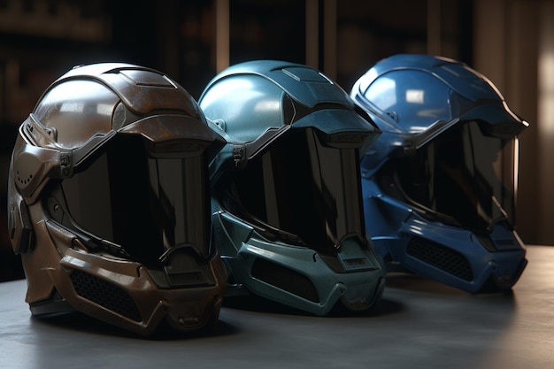 Three helmets of the same color are lined up on a table.