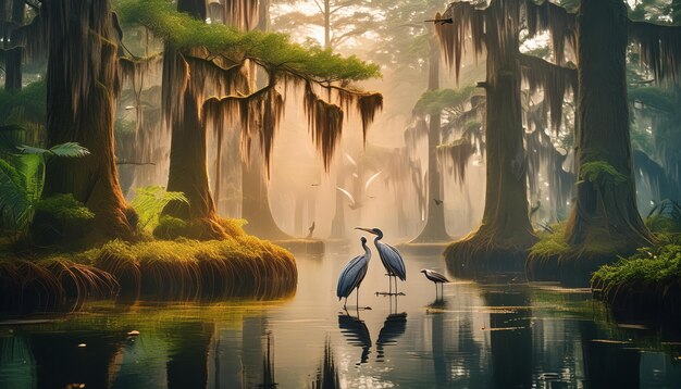 Photo three herons stand in the shallow water of a misty swamp