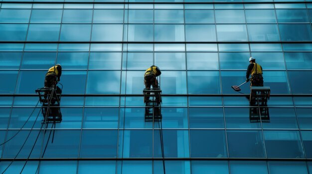 Photo three highrise building window cleaners are working