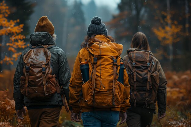 Photo three hikers exploring a vibrant autumn forest in overcast weather