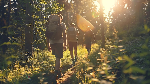 Three hikers walk through a sunlit forest trail