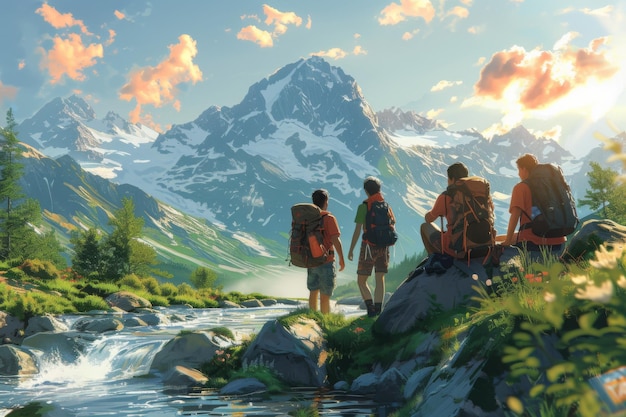 Three hikers with backpacks rest by mountain stream taking in breathtaking alpine landscape