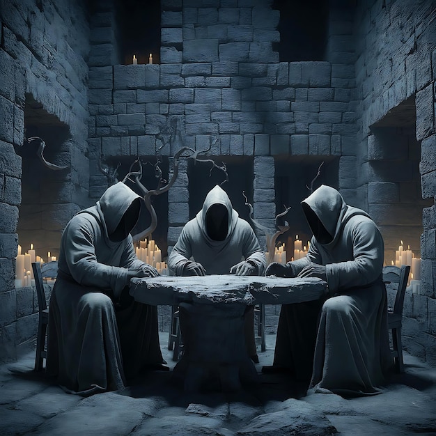 Three hooded figures cloaked in long solid robes sit around a roughhewn table