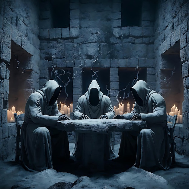 Three hooded figures cloaked in long solid robes sit around a roughhewn table