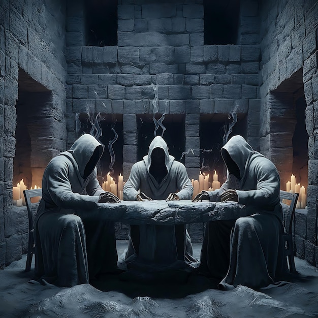 Three hooded figures cloaked in long solid robes sit around a roughhewn table