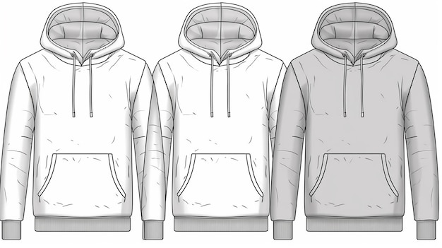 Three hooded sweatshirts in white grey and black colors