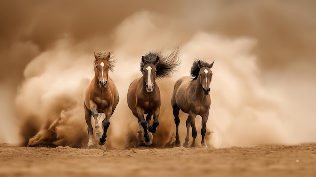 Three horses run gallop in the dust on a background of dessert