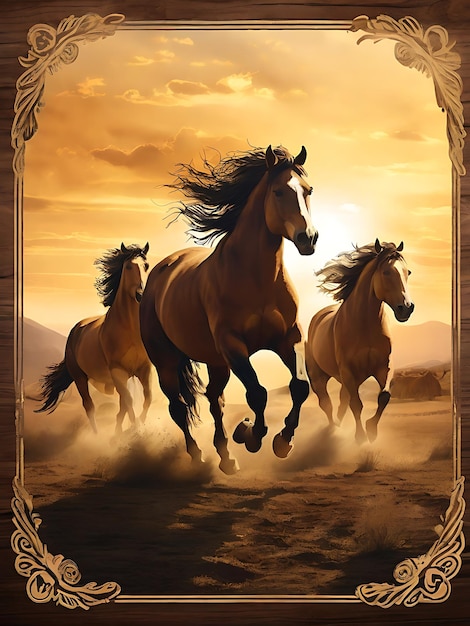 three horses running in a desert with a golden background with a golden frame