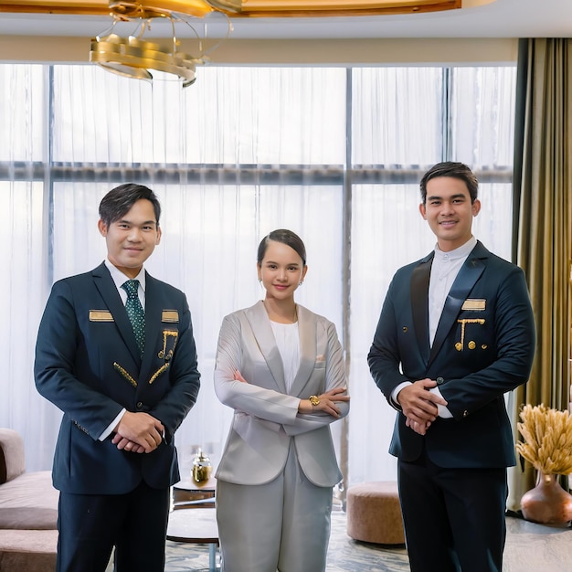 Three Hotel Receptionists Standing in a Line Exuding Professionalism Grace and Customer Service Ex