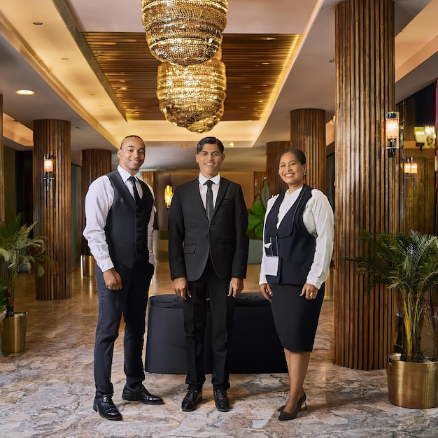 Photo three hotel receptionists standing in a line exuding professionalism grace and customer service ex