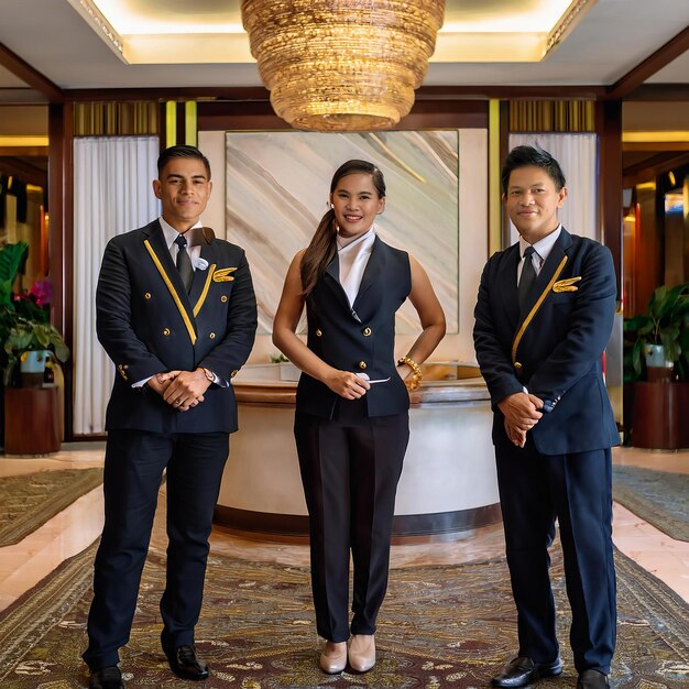 Photo three hotel receptionists standing in a line exuding professionalism grace and customer service ex