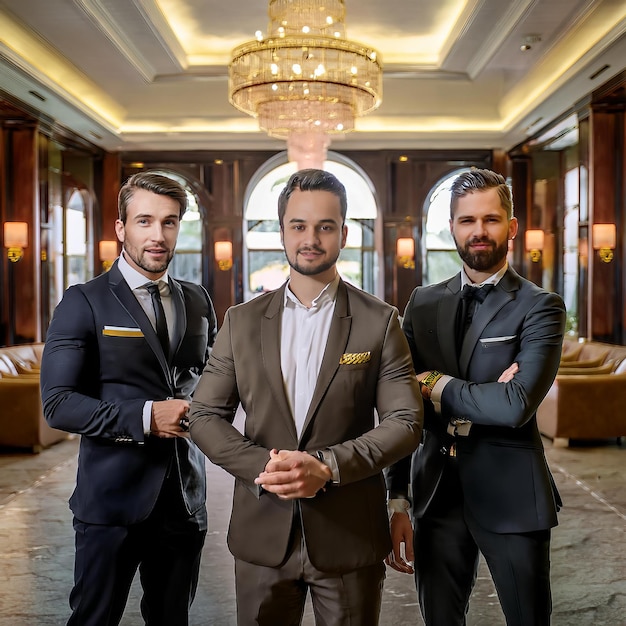 Photo three hotel workers standing together in a luxurious welldecorated lobby ready to assist guests