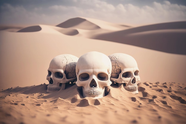 Three human skulls in desert sand Dangerous wild landscape Generative AI