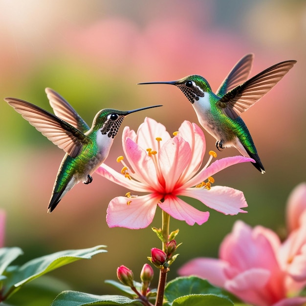 three hummingbirds are flying over a flower with pink petals