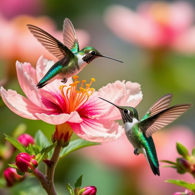 three hummingbirds are on a pink flower with the number 3 on them