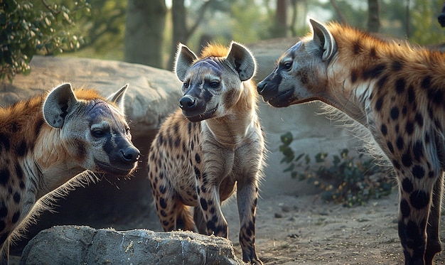 three hyenas are looking at each other and one has a purple spot on its head