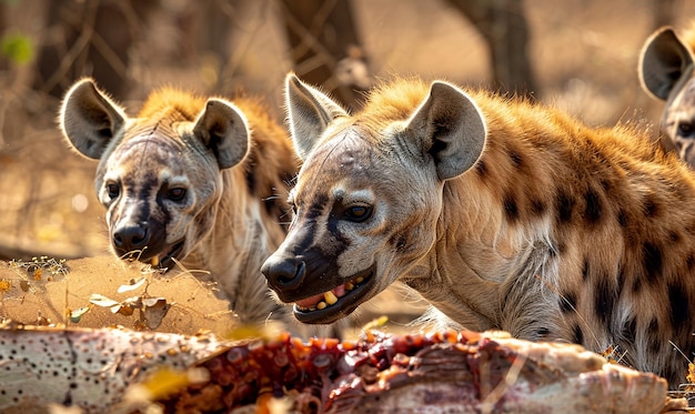 Photo three hyenas are shown in the wild including one that is from the zoo