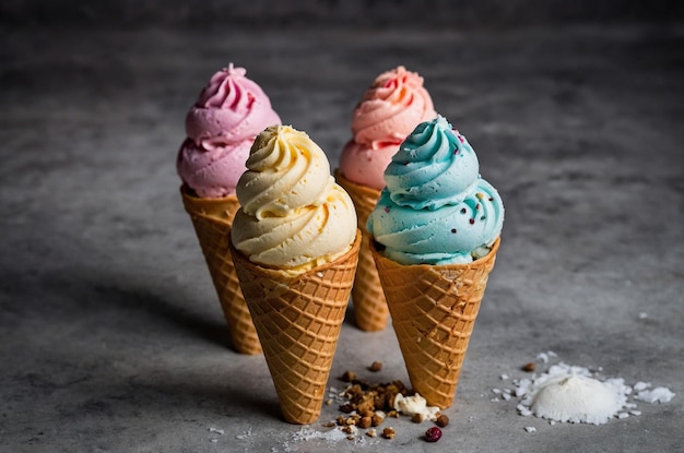 three ice cream cones with blue icing and one of them has the other blue frosting