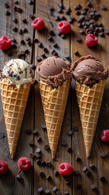 Three Ice Cream Cones With Chocolate Chips and Strawberries