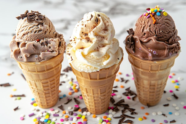 three ice cream cones with chocolate frosting and chocolate frosting on them