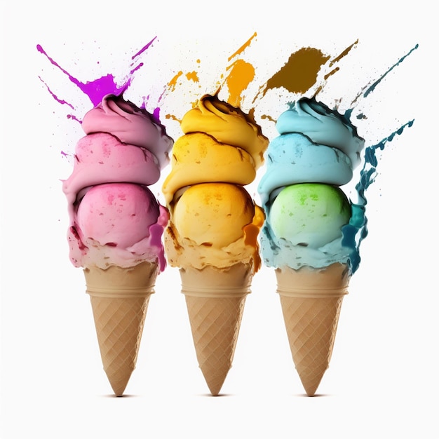 three ice cream cones with different colors of ice cream in them generative ai