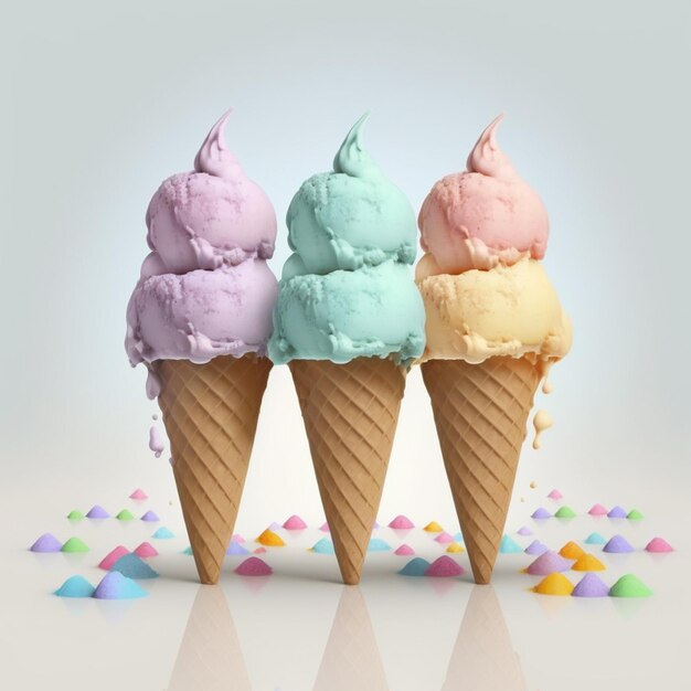 three ice cream cones with different colors of ice cream on them generative ai