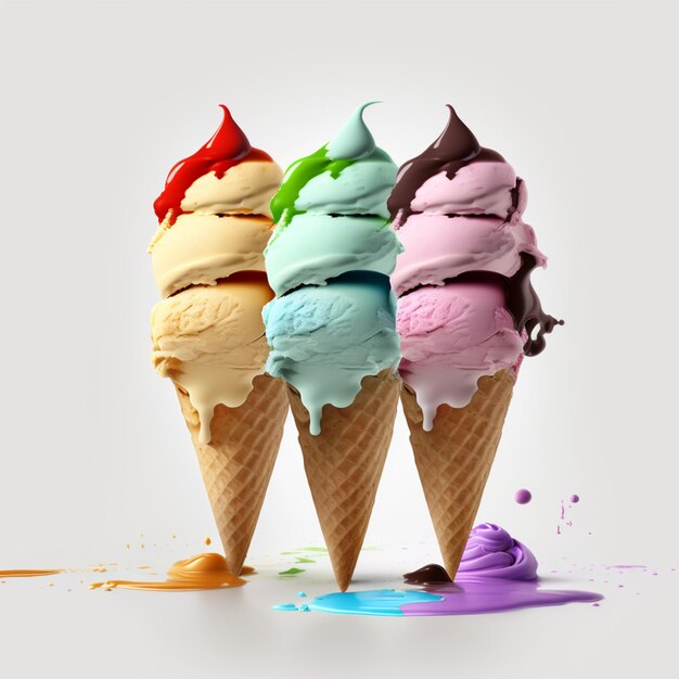 three ice cream cones with different flavors of different colors generative ai