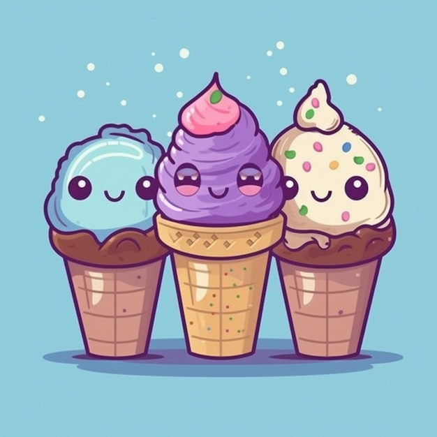 three ice cream cones with different flavors and faces generative ai