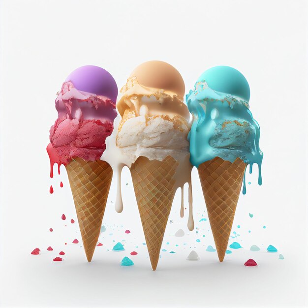 three ice cream cones with different flavors of ice cream on them generative ai