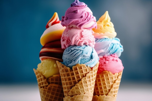 Three ice cream cones with one being made in a waffle cone