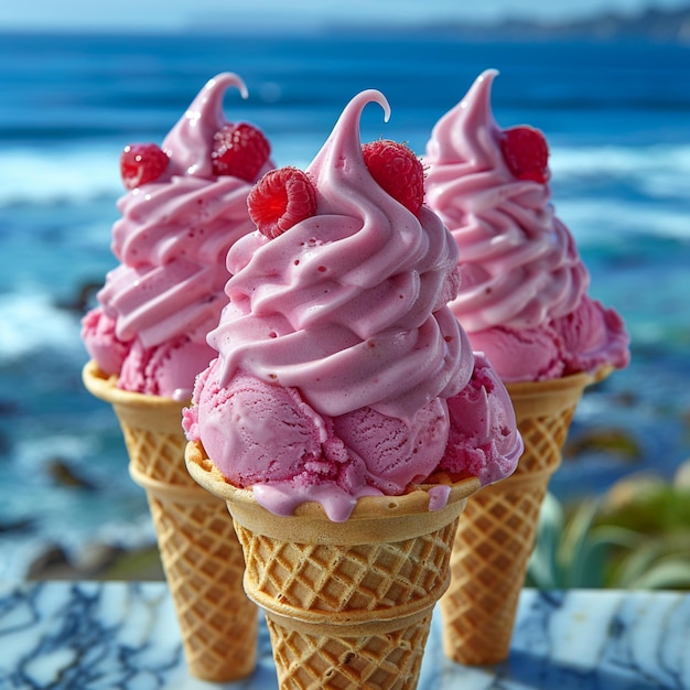 three ice cream cones with one that has a cherry on it