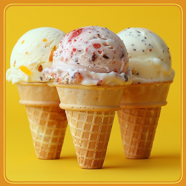 Photo three ice cream cones with one that has the word ice cream on it