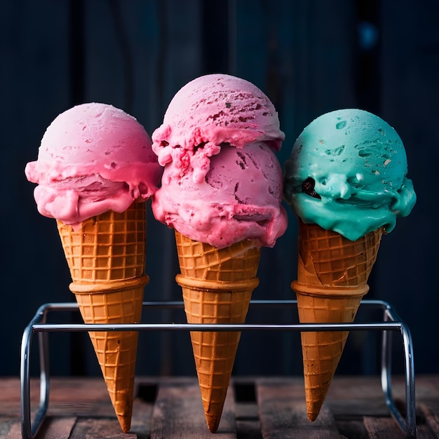 three ice cream cones with one that has the word  ice cream  on it