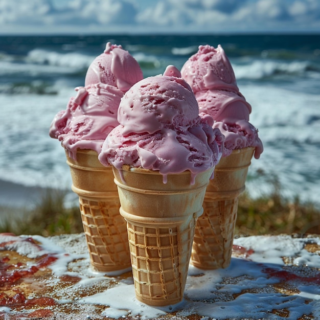 three ice cream cones with purple and pink ice cream in the sand