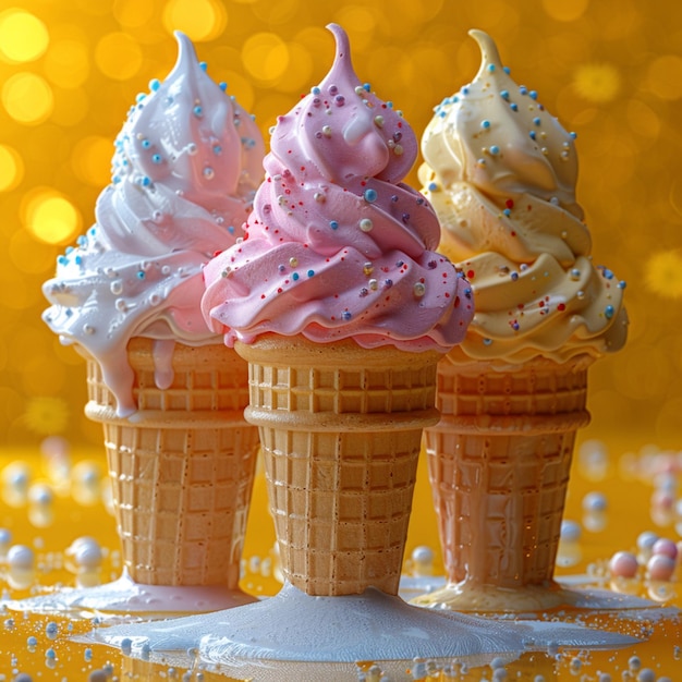 three ice cream cones with the word ice cream on them