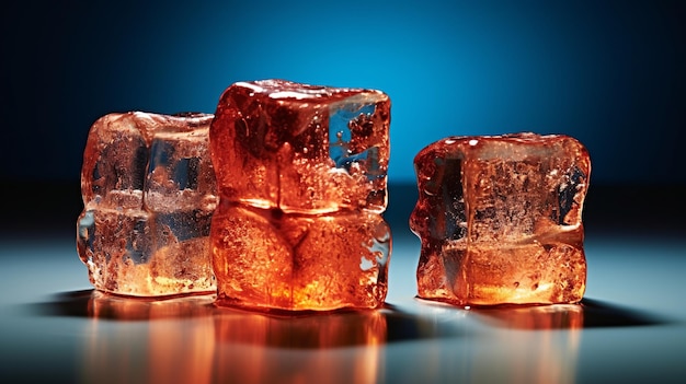 Three ice cubes on blue background