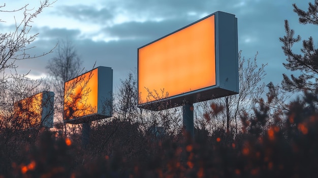 Photo three illuminated billboards in a field at dusk generative ai