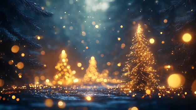 Three illuminated Christmas trees in a snowy forest with bokeh lights