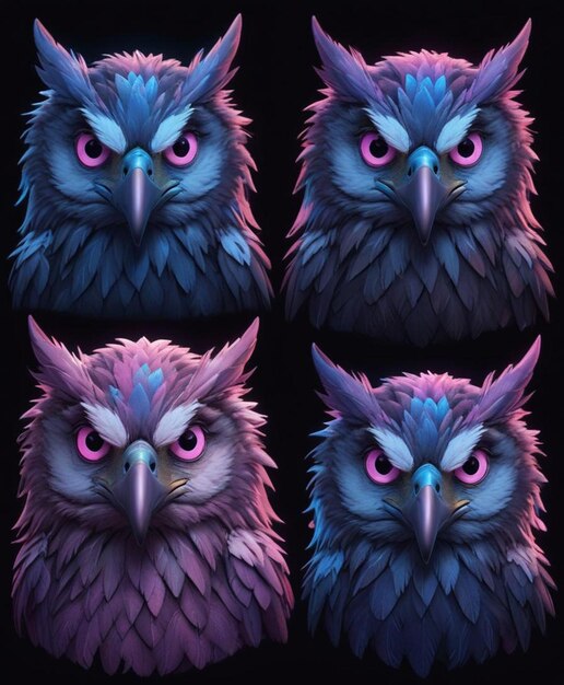 three images of a blue owl with red eyes