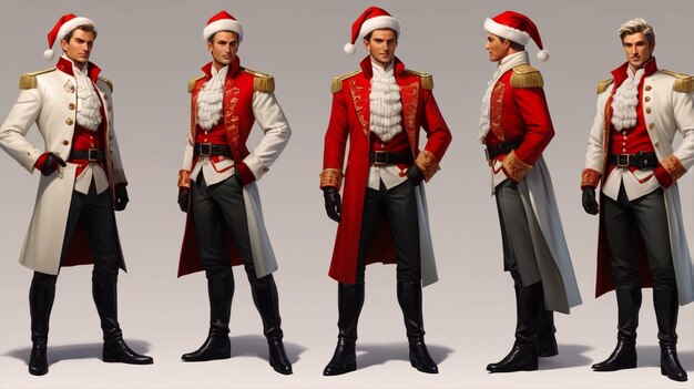 Photo three images of men in uniforms and hats one of which has the words  santa  on it