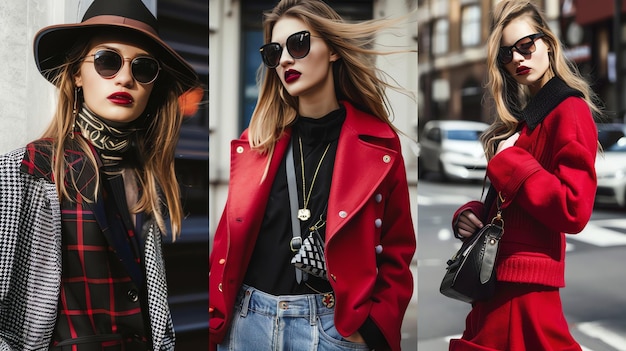 Three images of a young woman wearing a red coat In the first image she is wearing a hat and a scarf