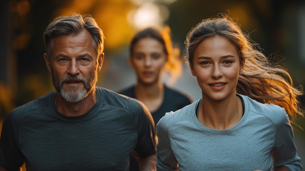 Photo three individuals running together in a park bathed in warm golden sunlight during early morning