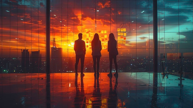 Three individuals stand against a futuristic digital backdrop overlooking a vibrant cityscape under