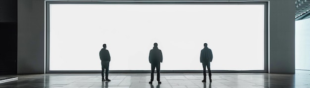 Three individuals stand observing a large blank billboard inside a spacious room